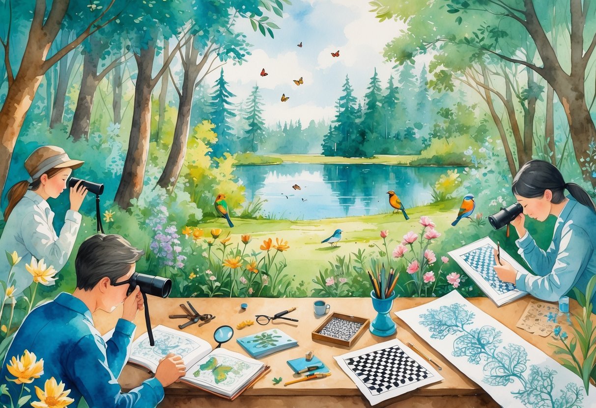 People engaged in various outdoor and creative hobbies including birdwatching, sketching, fishing, and playing chess in a peaceful natural setting.