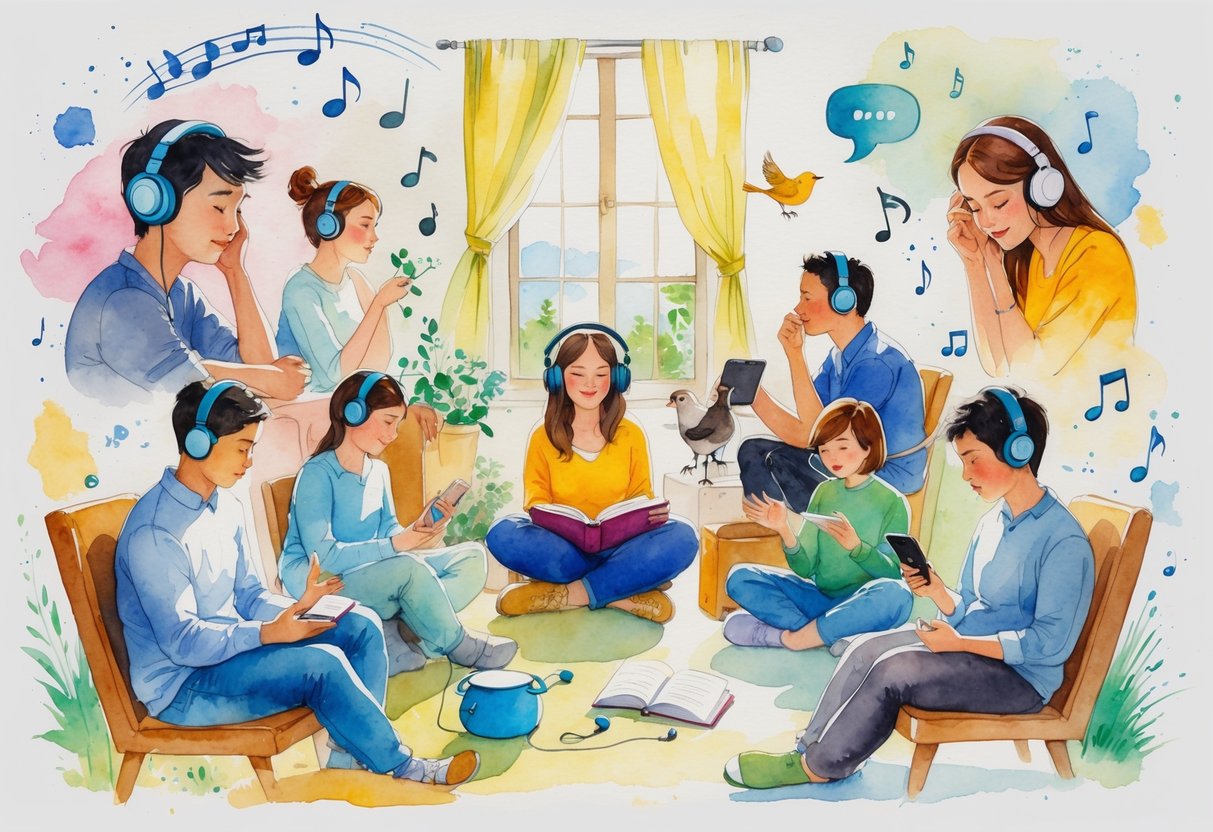 A cozy room with people engaged in listening activities like wearing headphones, birdwatching, reading, meditating, and playing music.