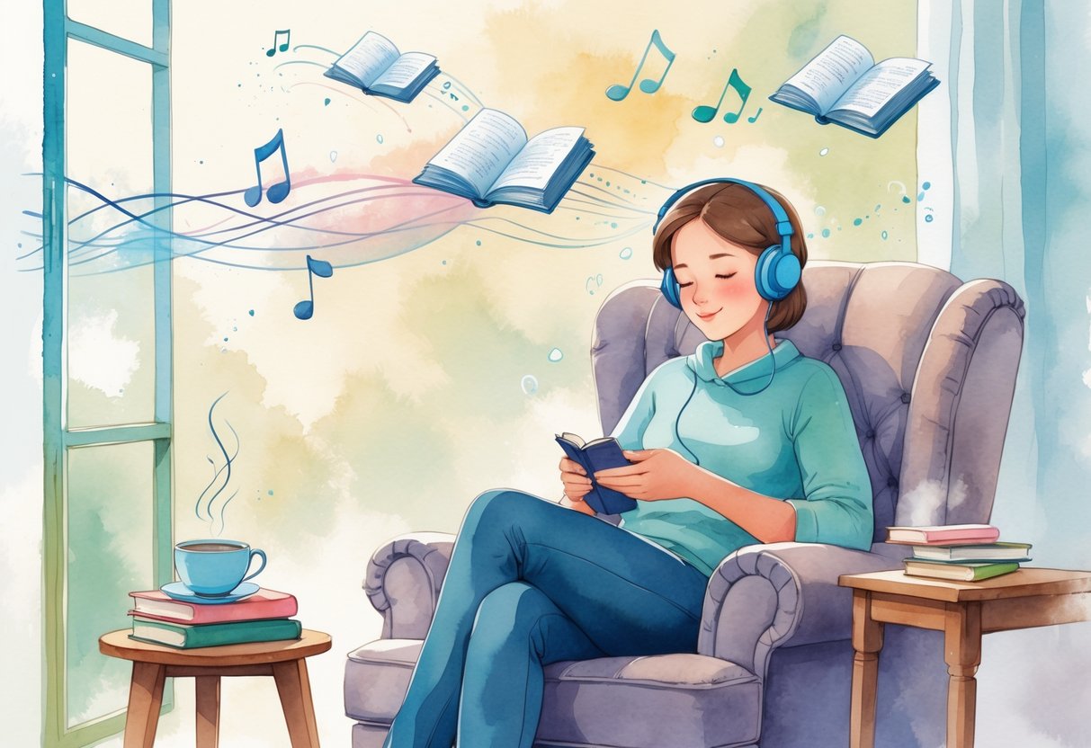 A person sitting in a cozy armchair by a window, wearing headphones and listening to an audiobook, with books and a cup of tea nearby.