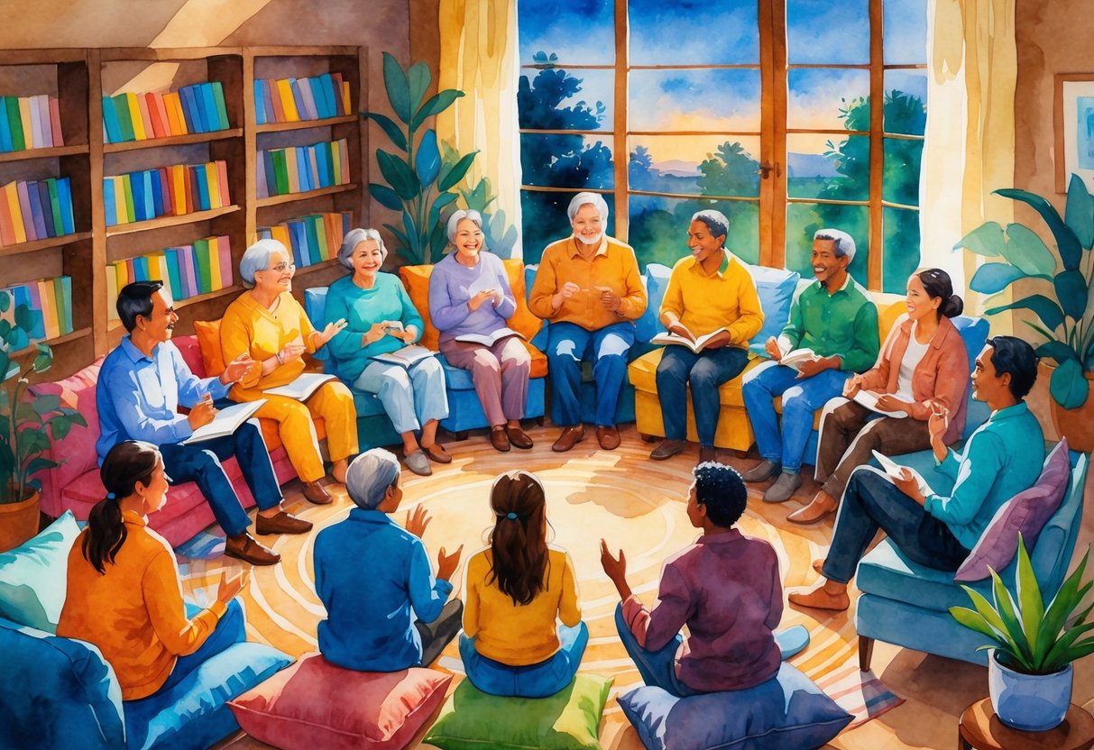 A group of people sitting in a circle indoors, listening and sharing stories together in a warm and inviting setting.