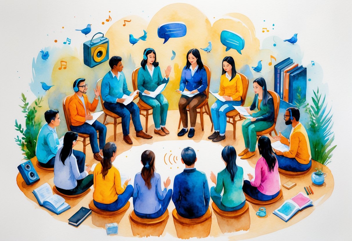 A group of people sitting in a circle in a cozy room, attentively listening and engaging with each other, surrounded by objects representing listening hobbies like musical instruments, headphones, a book, and birds.