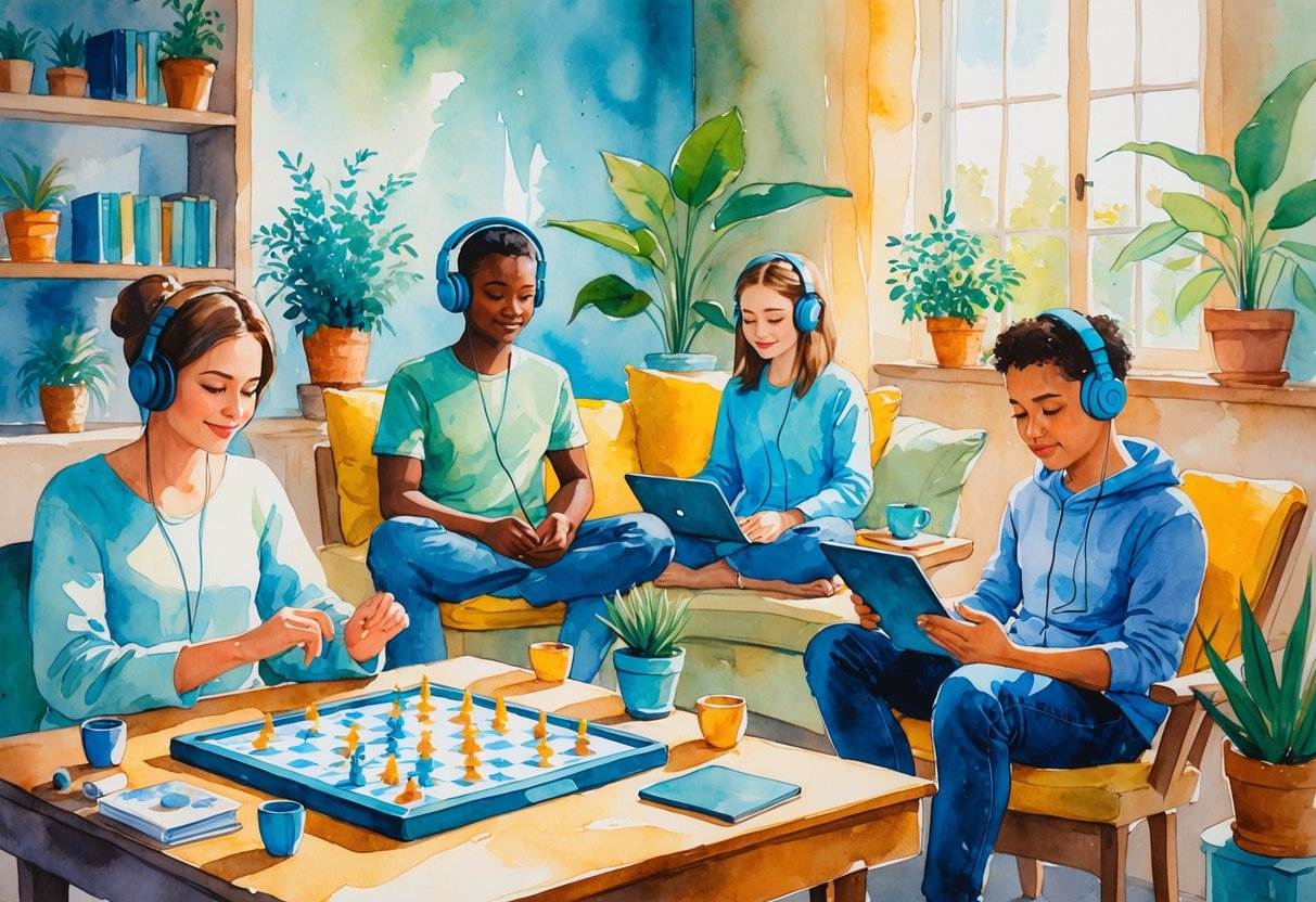 A cozy room with people engaged in listening activities: playing a board game, wearing headphones to listen to music, a child with an audiobook on a tablet, and someone meditating with headphones on.