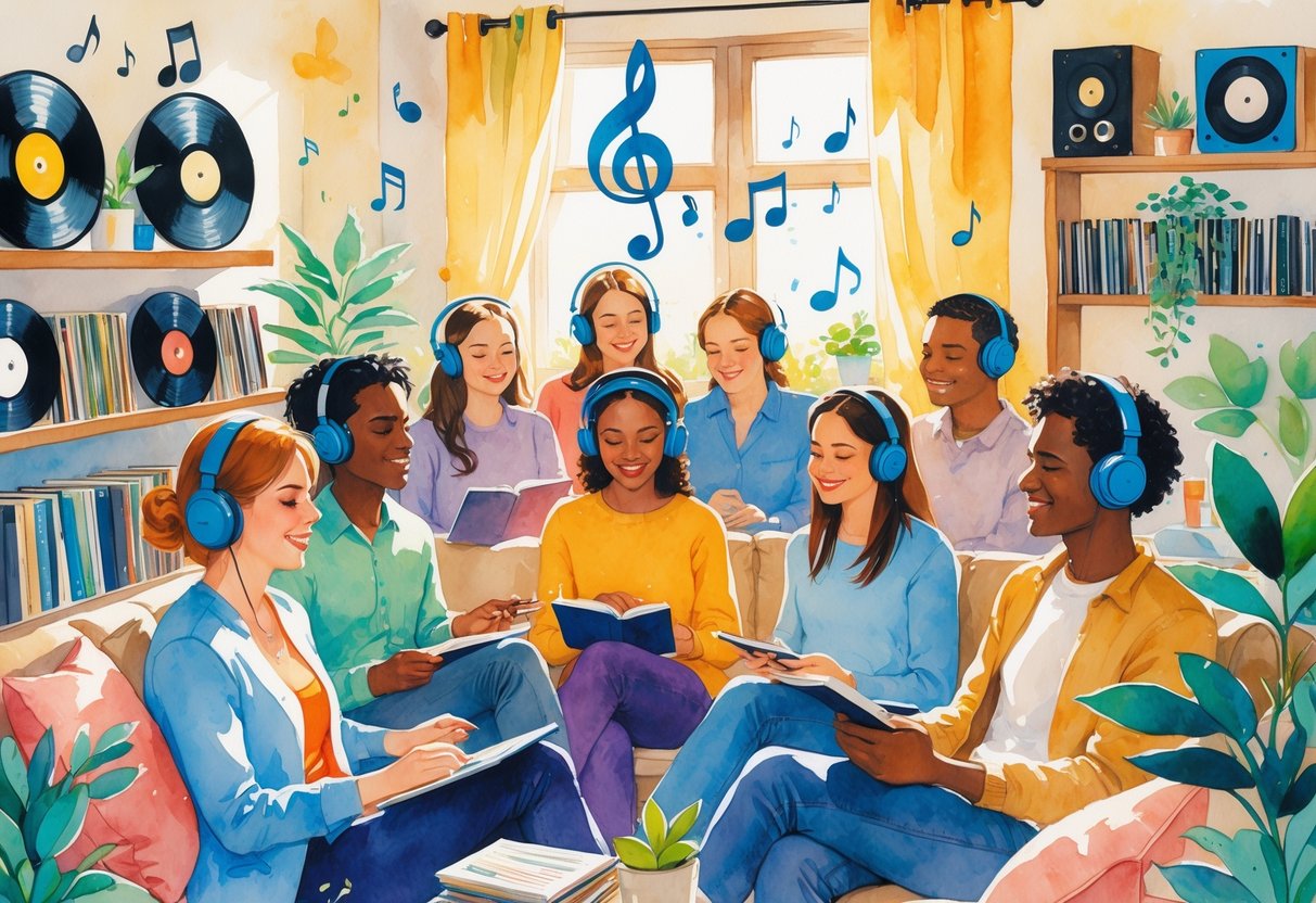 A group of people in a cozy room listening to music together, some wearing headphones and others playing instruments, surrounded by records and books.