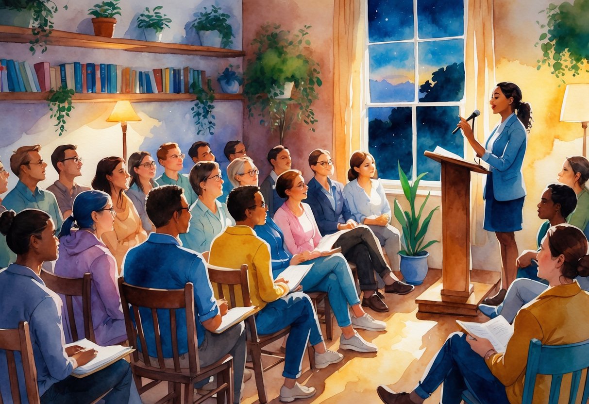 A group of people sitting and listening attentively to a poet speaking at a podium in a cozy room.