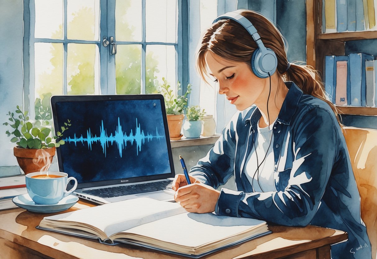 A person sitting at a desk wearing headphones, writing in a notebook with a laptop nearby, surrounded by books and a cup of tea.