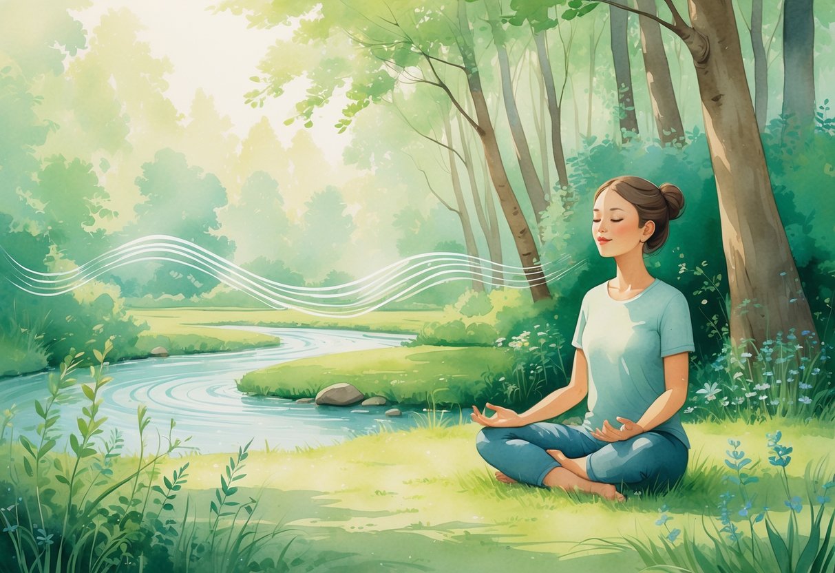 A person sitting cross-legged outdoors near a stream, eyes closed, peacefully listening to nature surrounded by trees and flowers.