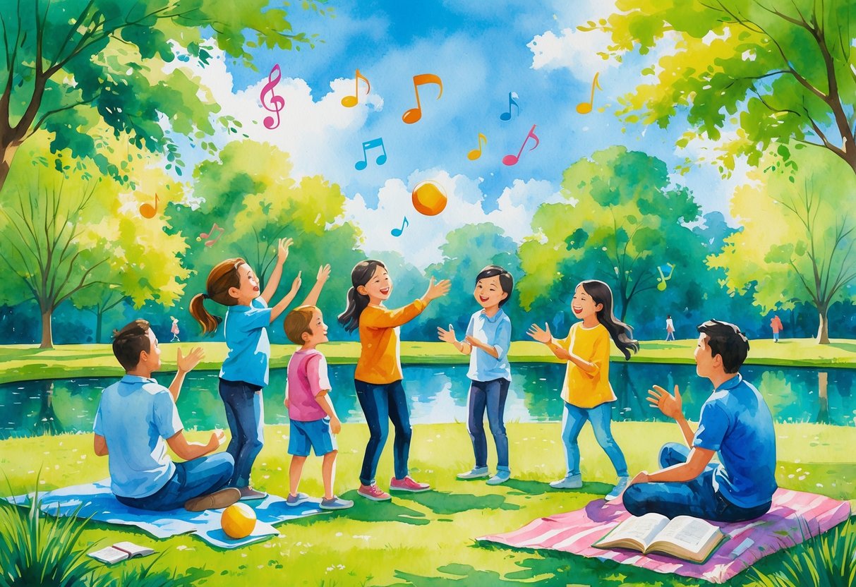 A group of people playing a tossing game together outdoors in a park, surrounded by trees and a pond.