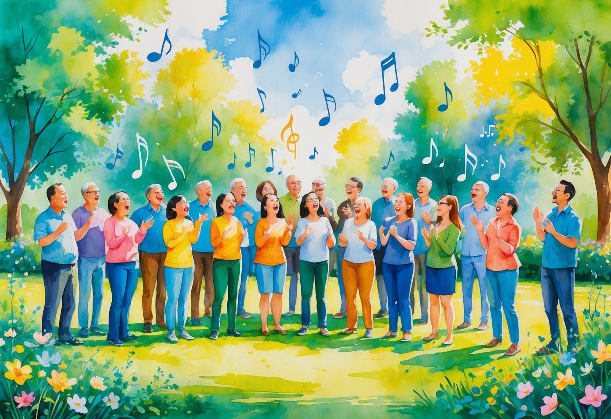 A group of people singing together outdoors in a park surrounded by trees and flowers.