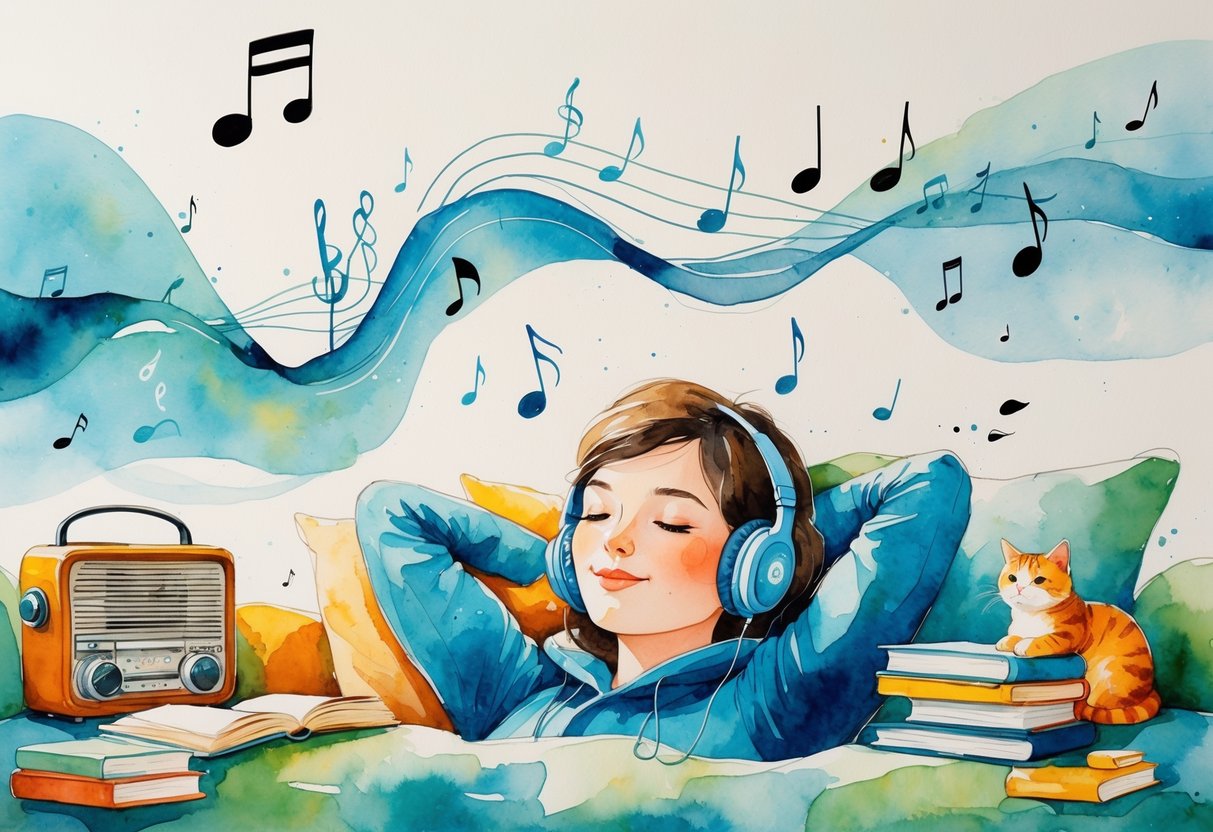 A person wearing headphones sits peacefully indoors with a cat nearby, surrounded by musical notes, books, and a vintage radio, creating a calm and cozy atmosphere.