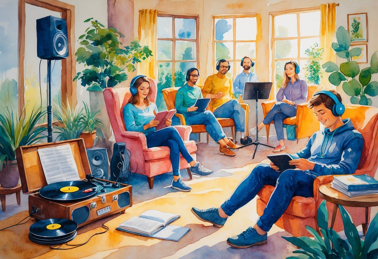 A cozy indoor scene showing people engaged in listening to music, audiobooks, and a live podcast recording.