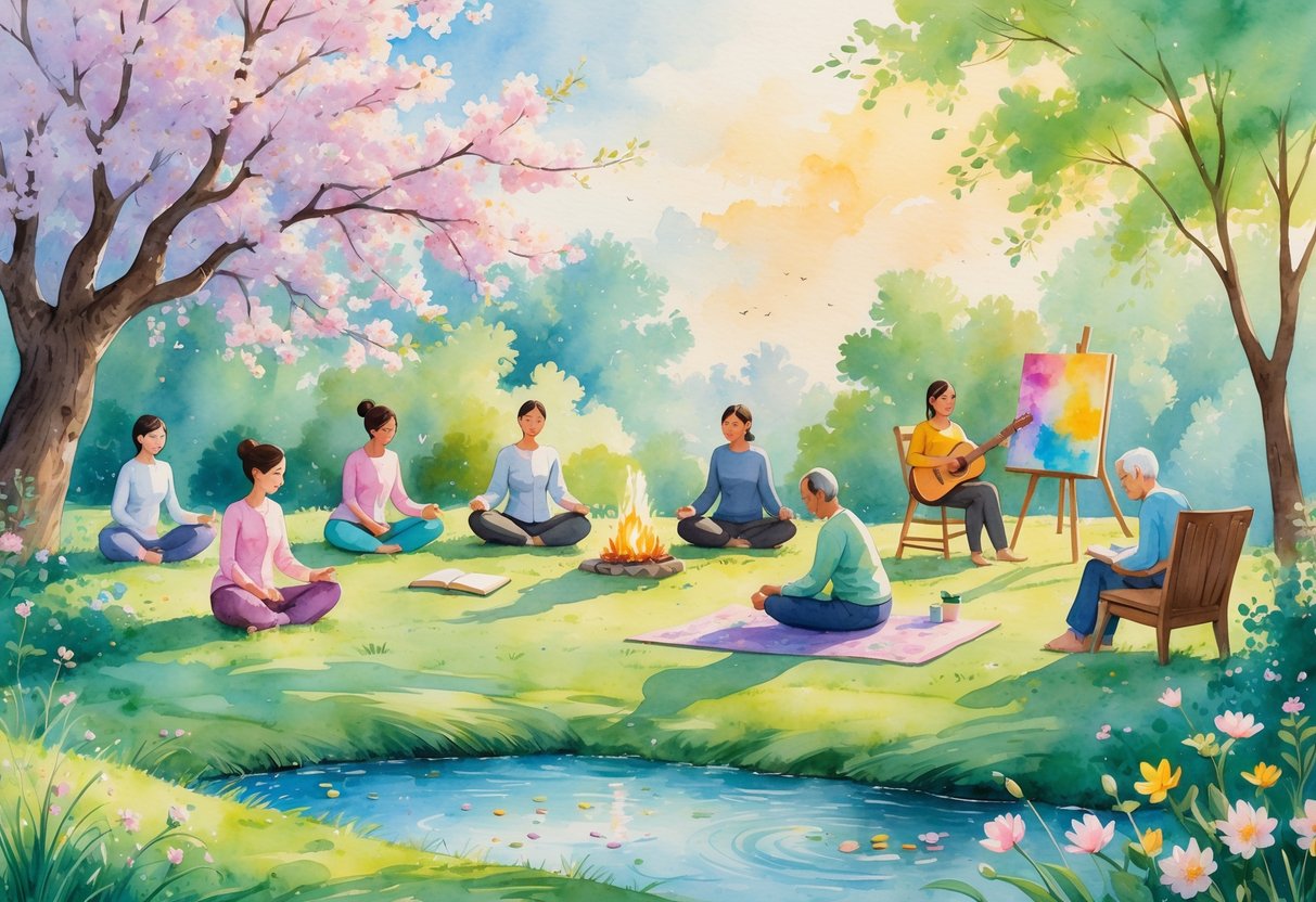 A peaceful scene showing people engaging in various hobbies like meditation, yoga, journaling, painting, playing music, gardening, volunteering, reading, and mindful breathing in a natural outdoor setting.