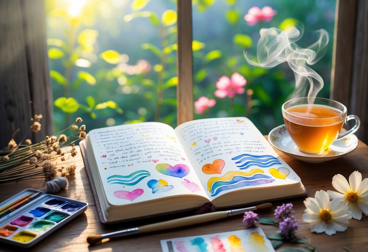 A cozy table with an open journal, watercolor brushes, a cup of tea, and a window showing a garden with blooming flowers.