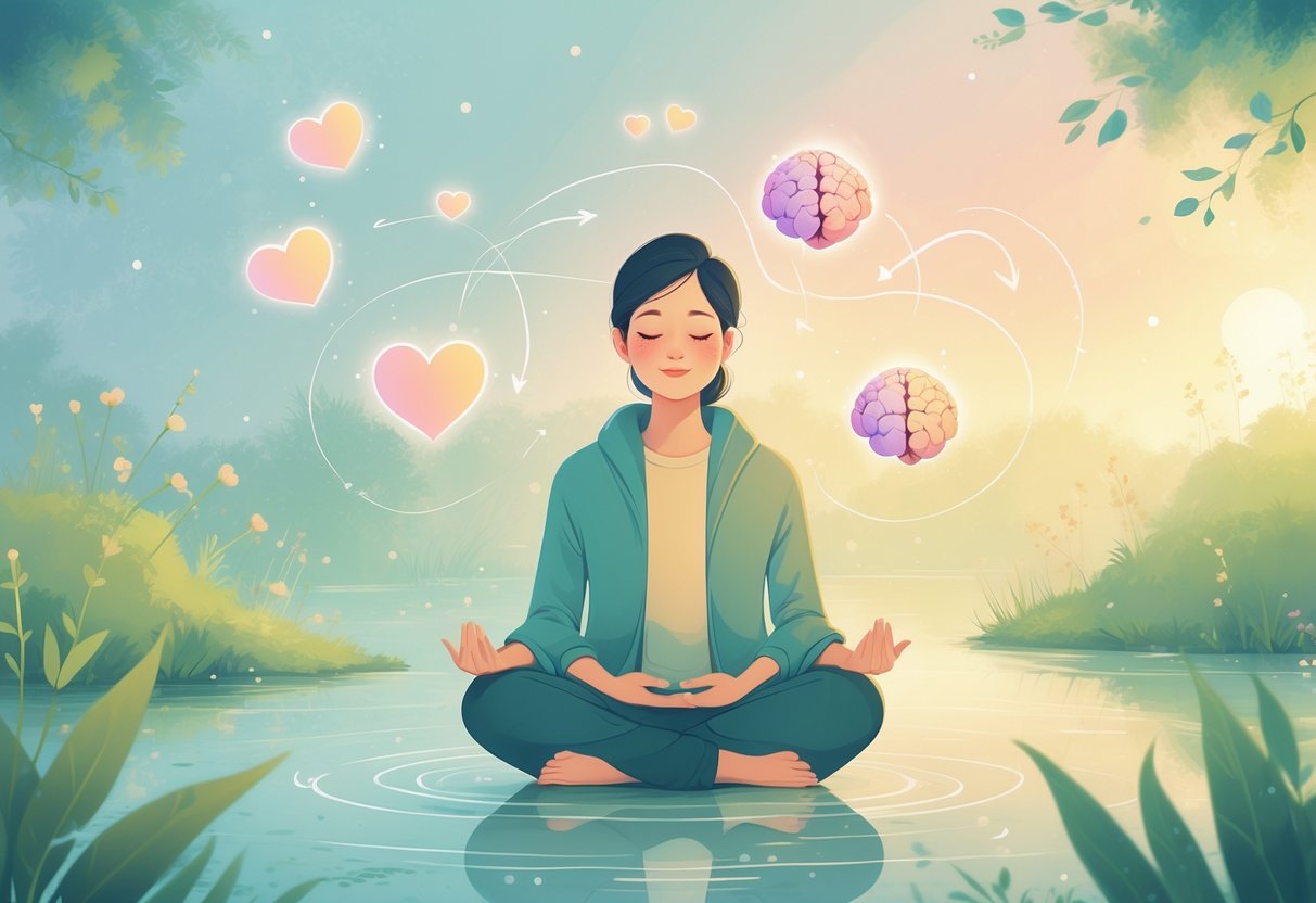 A person meditating peacefully outdoors near flowing water, surrounded by greenery and soft light, conveying calmness and emotional balance.