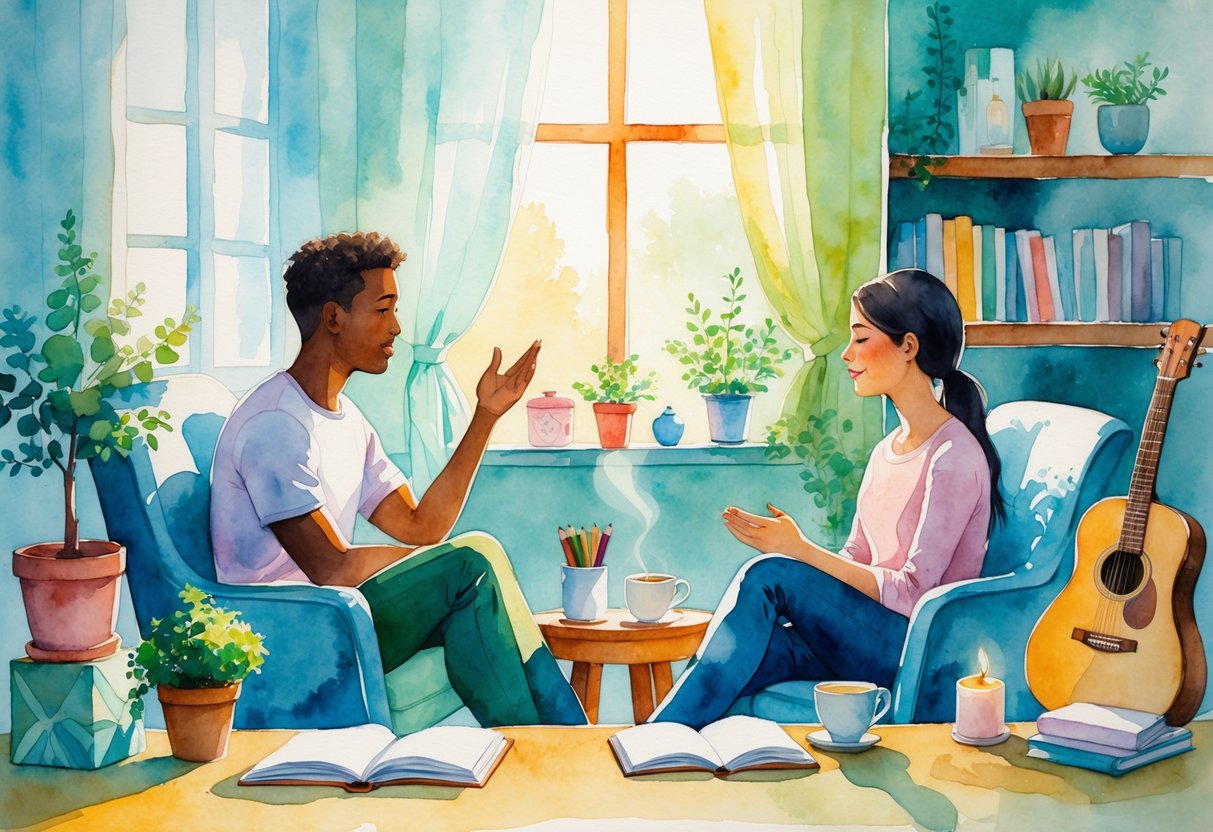 Two people sitting and engaging in a thoughtful conversation in a cozy room filled with plants, books, and artistic items symbolizing hobbies that improve emotional intelligence.
