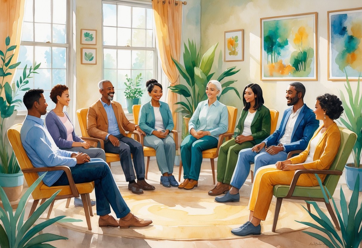 A group of people sitting in a circle in a cozy room, talking and listening to each other supportively.