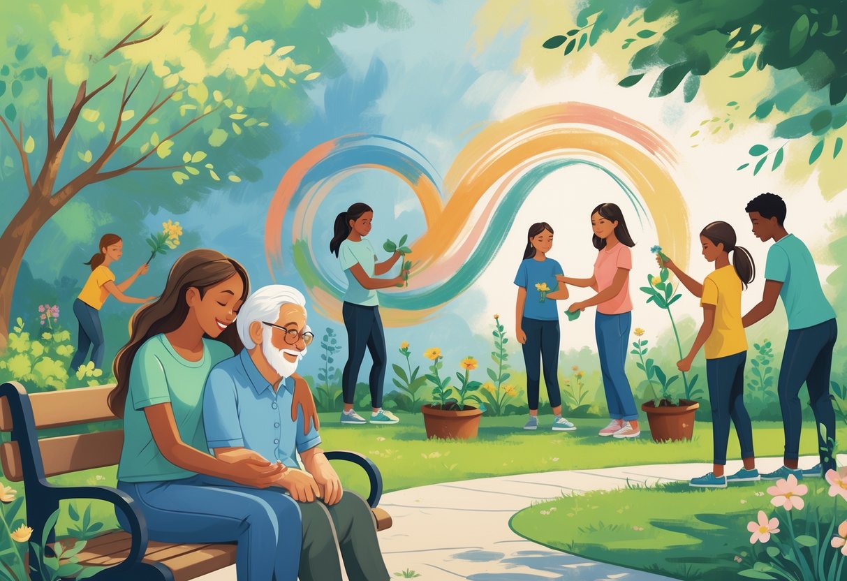 People volunteering together in a community garden, comforting one another, planting flowers, and painting a mural.