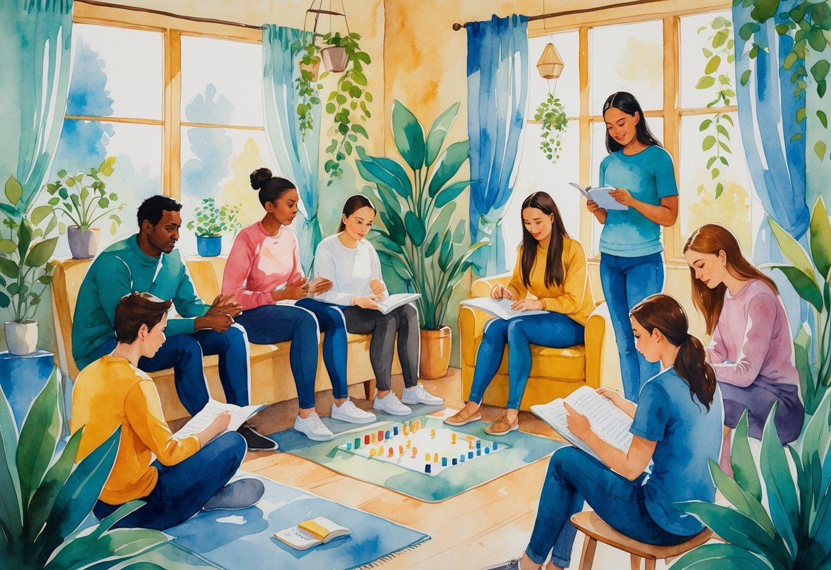 A group of people interacting in a cozy room, practicing social skills and emotional connection through conversation, games, and journaling.
