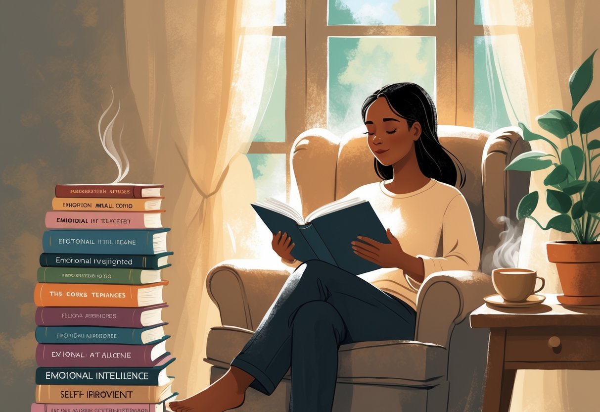 A person sitting in a cozy armchair reading a book, surrounded by a stack of books, a cup of tea, and a potted plant near a sunlit window.