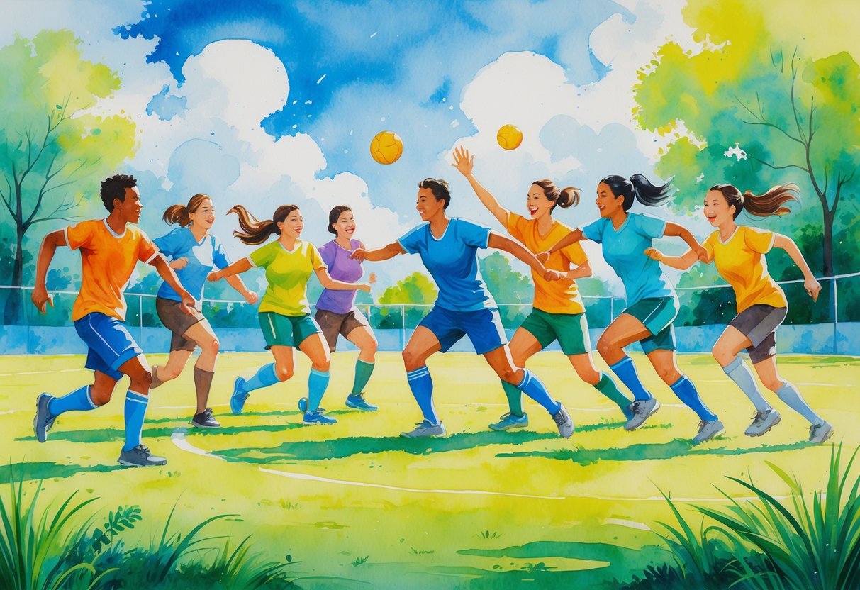 A group of people playing a team sport together outdoors, showing teamwork and positive interaction.