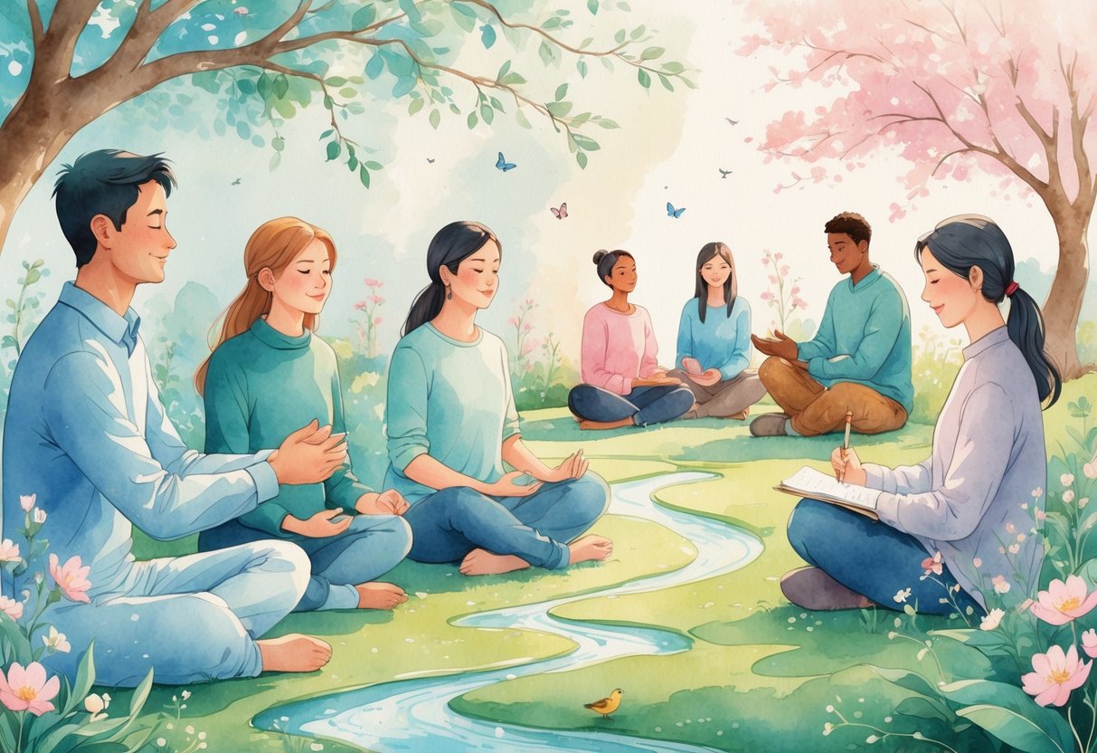 A peaceful garden scene showing people shaking hands, meditating, journaling, and talking together surrounded by trees, flowers, and gentle sunlight.
