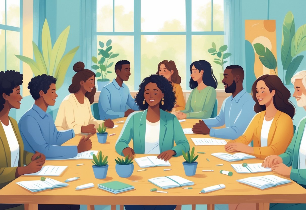 A group of people sitting and talking together in a bright room, engaged in a workshop focused on emotional connection and learning.