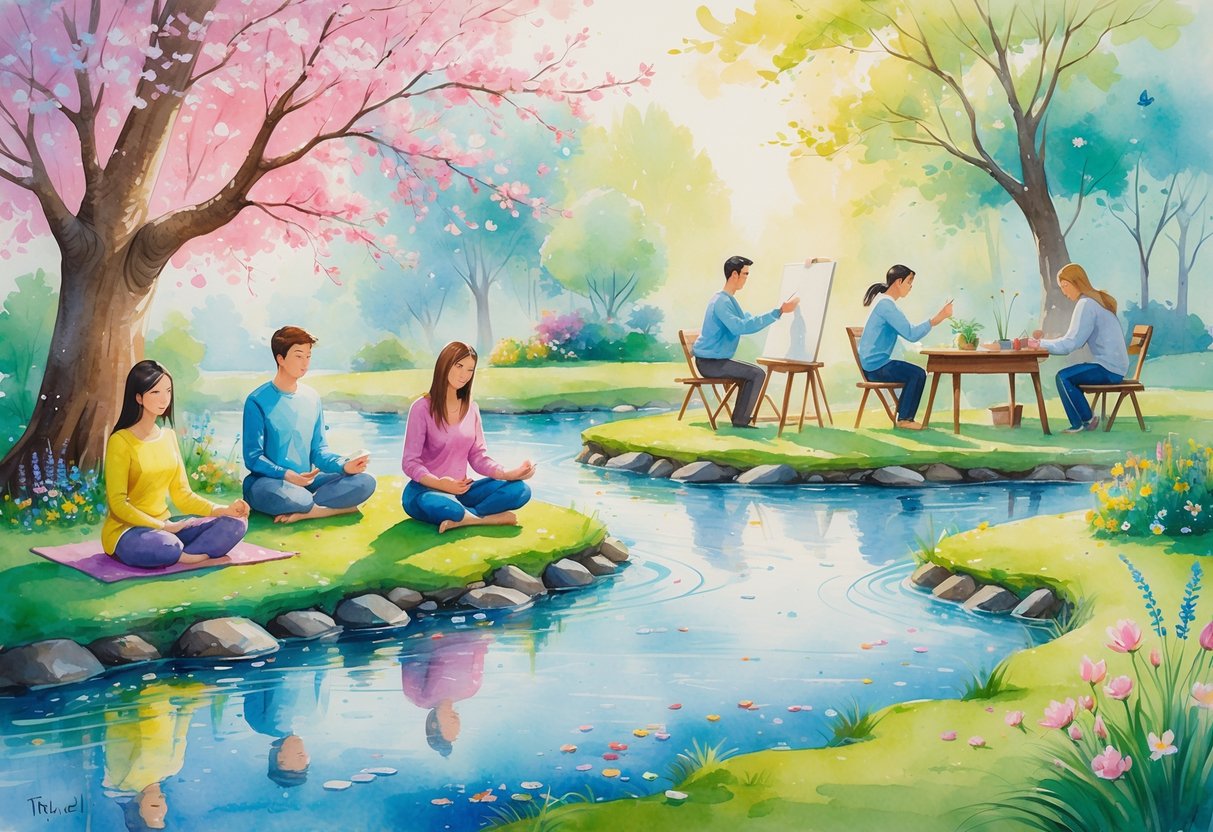 People enjoying different hobbies in a peaceful park, including meditating, journaling, playing a board game, painting, and gardening.