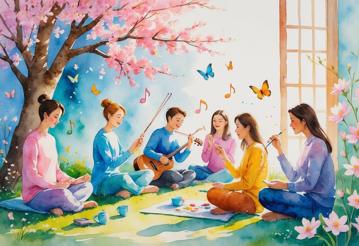 A group of people enjoying various hobbies such as meditating, playing music, painting, talking, and journaling in a peaceful outdoor and indoor setting.