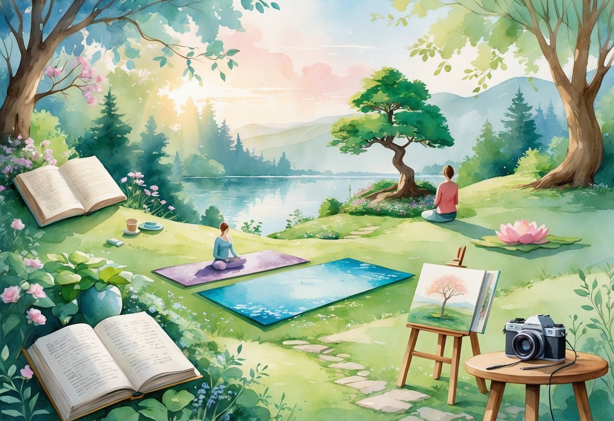 A peaceful scene showing various activities like reading, journaling, yoga, painting, gardening, meditating, photography, knitting, playing guitar, and sketching in a natural outdoor setting.