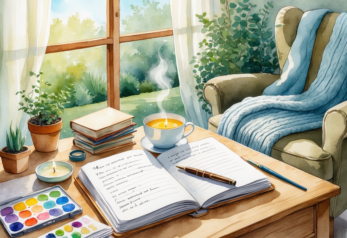 A peaceful indoor scene with an open journal on a wooden desk near a sunlit window, surrounded by a cup of tea, potted plant, books, paintbrushes, and a lit candle, with a cozy armchair and garden view in the background.