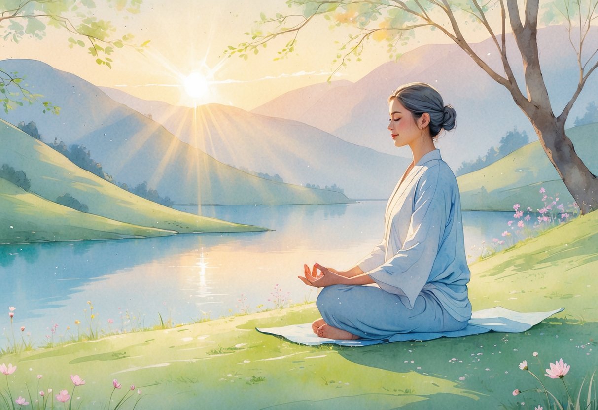 A person sitting cross-legged on a grassy hill, practicing yoga meditation near a calm lake with mountains in the background at sunrise.
