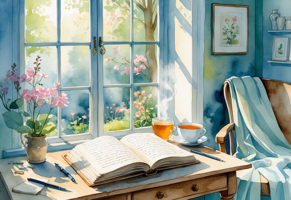 A cozy writing nook with an open journal, pens, a cup of tea, and a window showing a peaceful garden outside.