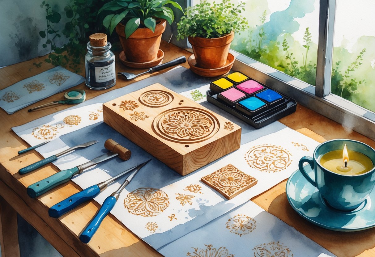 A workspace with stamp carving tools, carved stamps, ink pads, and stamped paper on a wooden table with a plant, candle, and cup of tea nearby.