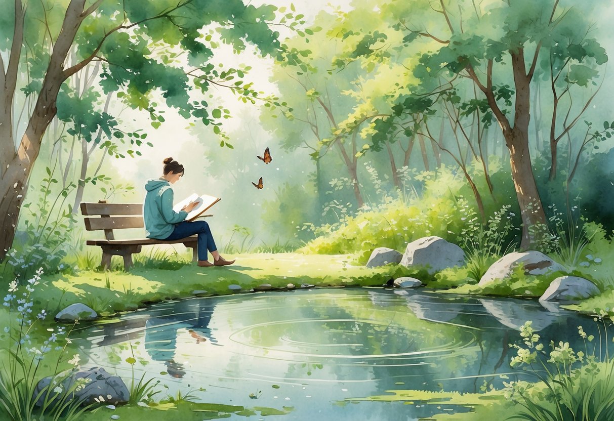 A person sitting outdoors by a pond, sketching in a notebook surrounded by trees, flowers, and birds.