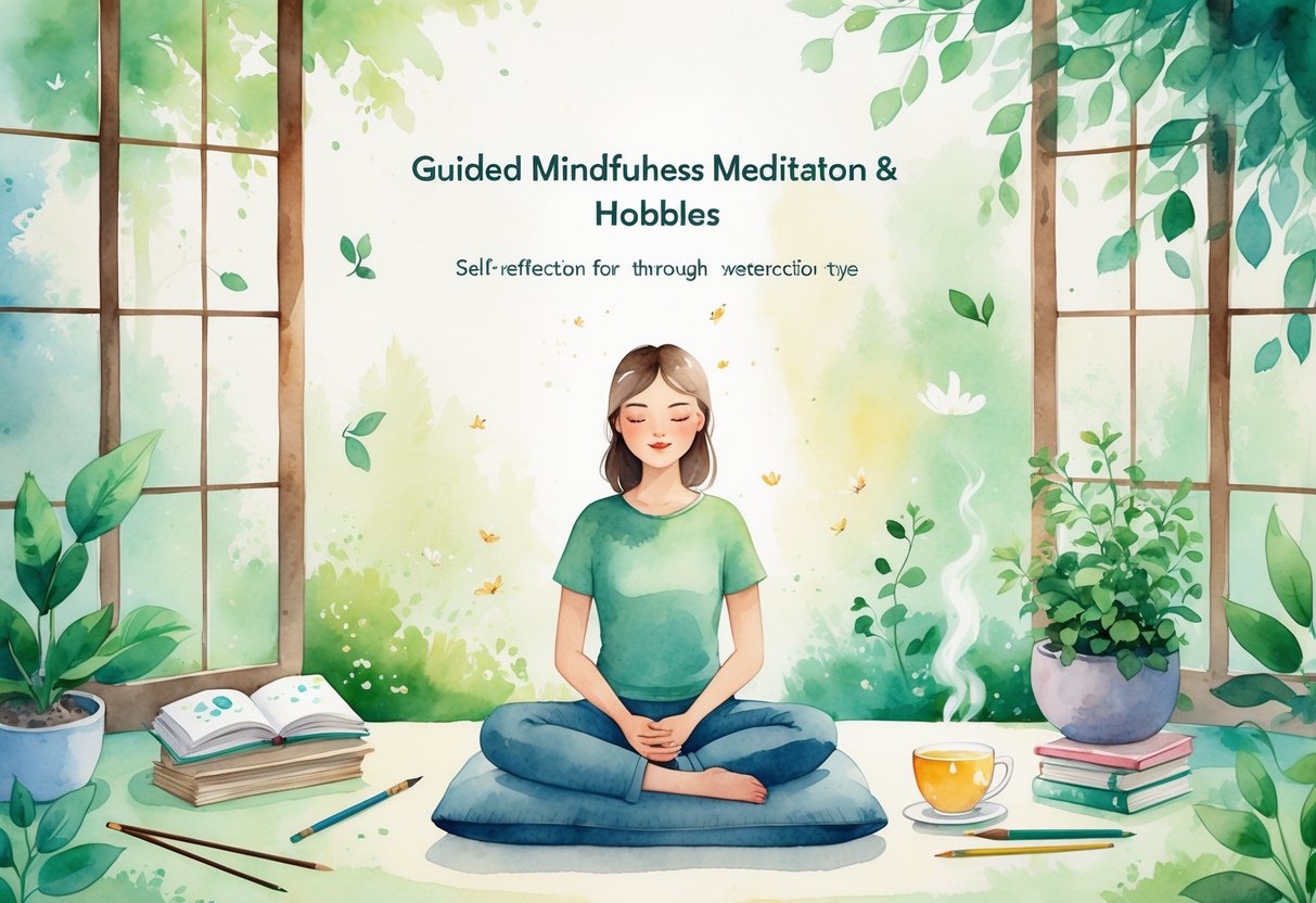 A person sitting cross-legged in a quiet room near a window, surrounded by books, plants, art supplies, and a cup of tea, creating a peaceful and reflective atmosphere.