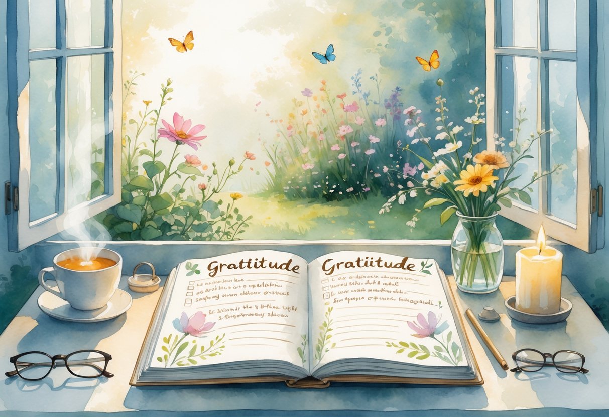 A cozy desk by a window with an open diary, a cup of tea, flowers, and a candle, overlooking a garden with blooming flowers and butterflies.