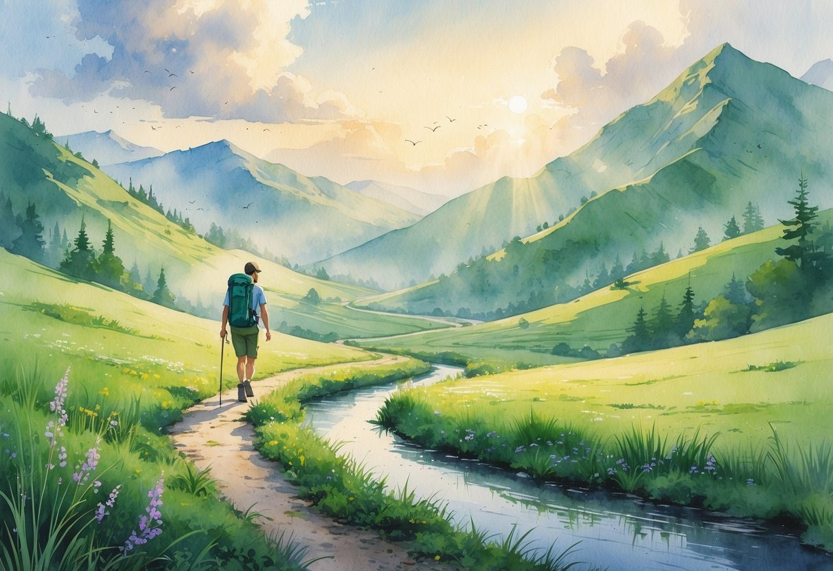 A lone hiker walking along a mountain trail surrounded by green hills, wildflowers, and a calm stream under a soft morning sky.