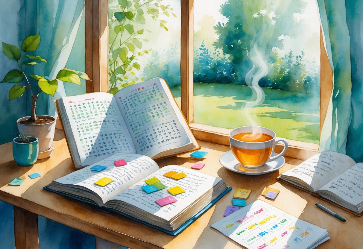A person sitting at a wooden desk by a window, studying with an open book, flashcards, a cup of tea, and a potted plant nearby.