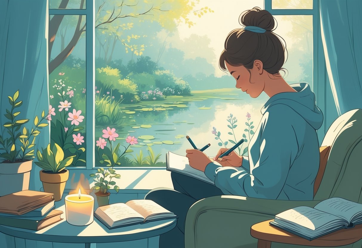 A person sitting by a window writing in a journal, surrounded by a plant, sketchbook, tea, book, and candle, with a garden visible outside.