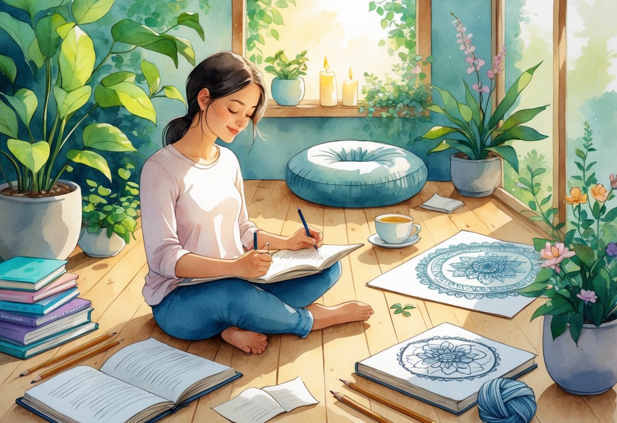 A person sitting cross-legged journaling with tea nearby, surrounded by plants, art supplies, books, knitting materials, and a meditation cushion in a sunlit cozy room.