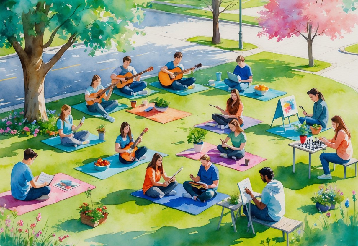 College students enjoying various hobbies outdoors, including reading, playing guitar, painting, yoga, cycling, cooking, photography, writing, playing chess, and gardening.