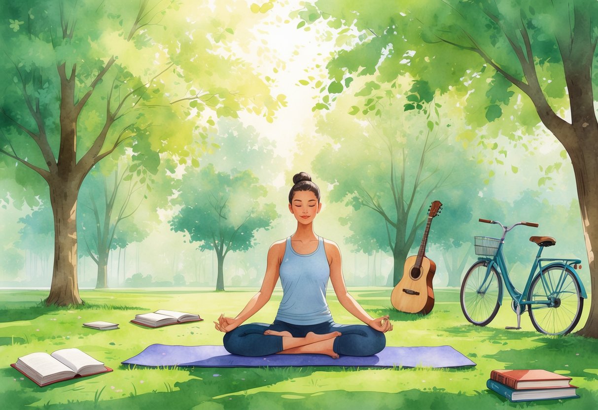 A college student practicing yoga outdoors in a peaceful park surrounded by trees, with a book, sketchbook, guitar, and bicycle nearby.