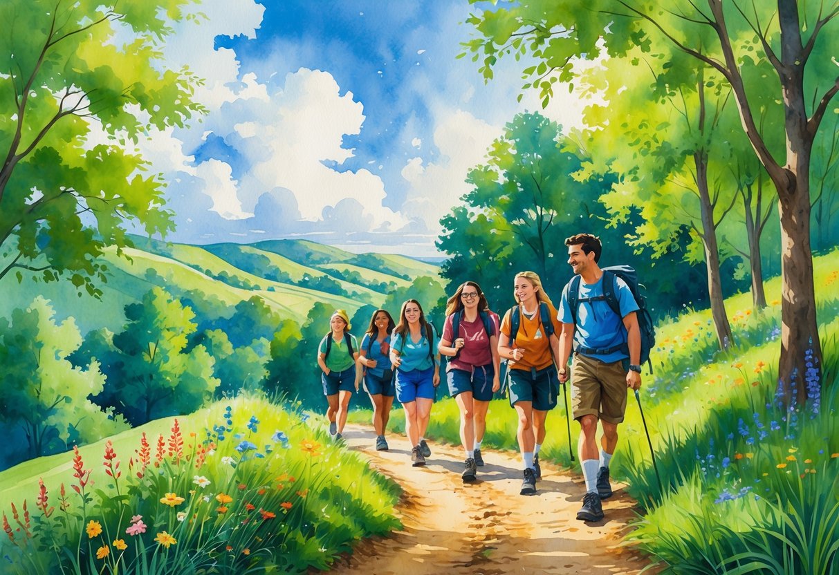 A group of college students hiking on a trail surrounded by trees, wildflowers, and rolling hills under a blue sky.