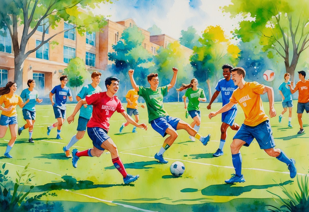 College students playing soccer and other sports on a grassy field with campus buildings and trees in the background.