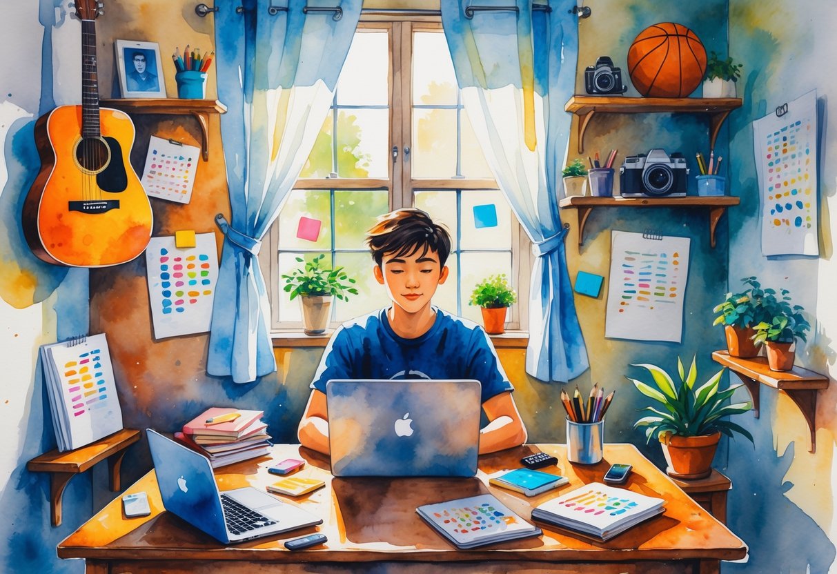 A college student sitting at a desk with a laptop in a dorm room surrounded by items like a guitar, basketball, sketchbook, plant, and camera.