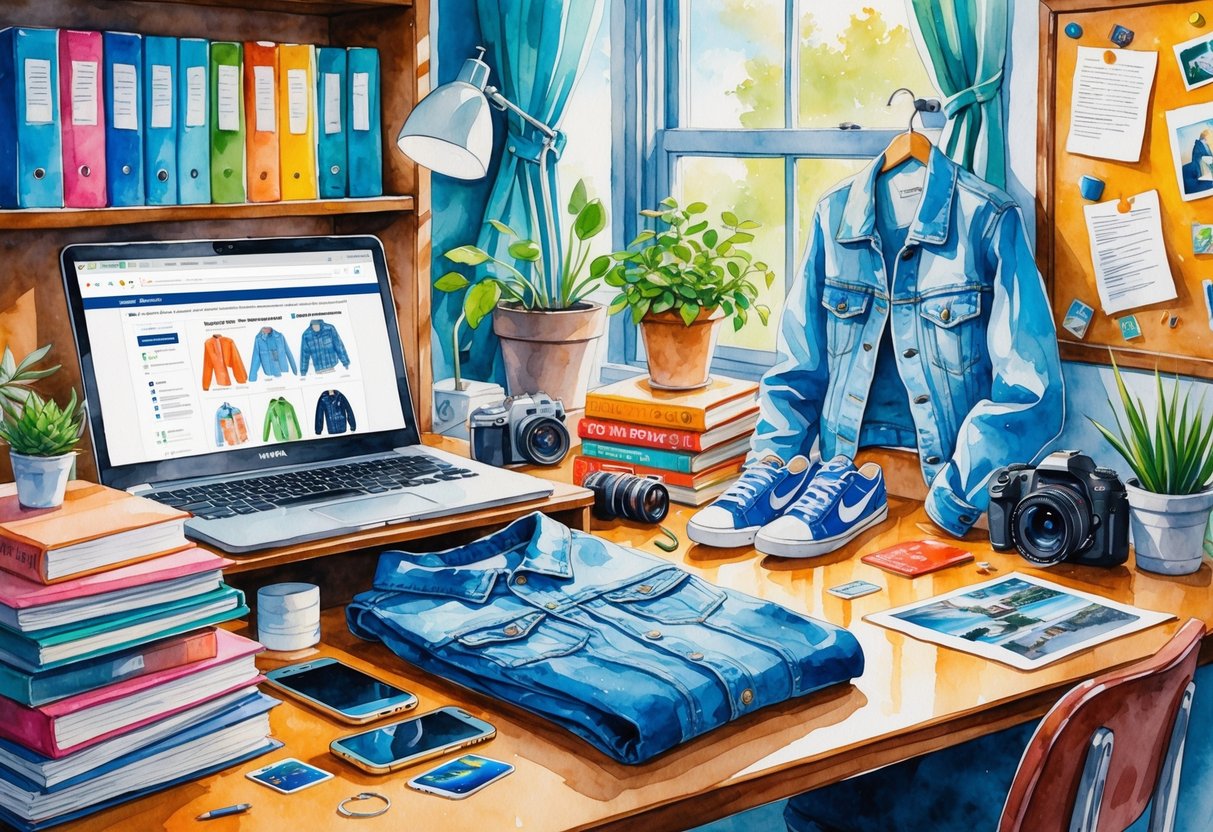 A college dorm room with a student examining items like clothes, books, and electronics near a laptop on a desk, surrounded by shelves and plants.