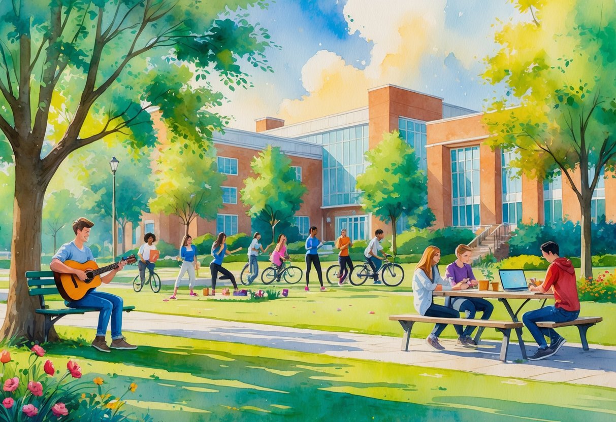 A college campus scene showing students engaged in various hobbies like playing guitar, reading, yoga, sketching, cooking, cycling, gardening, photography, coding, and painting outdoors.