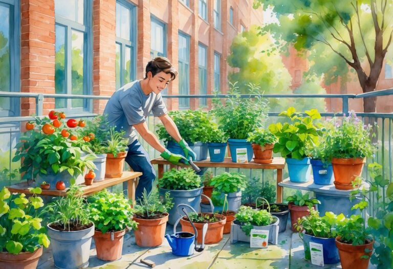 A college student tending to a small balcony garden with potted plants and gardening tools, set against an urban campus background.