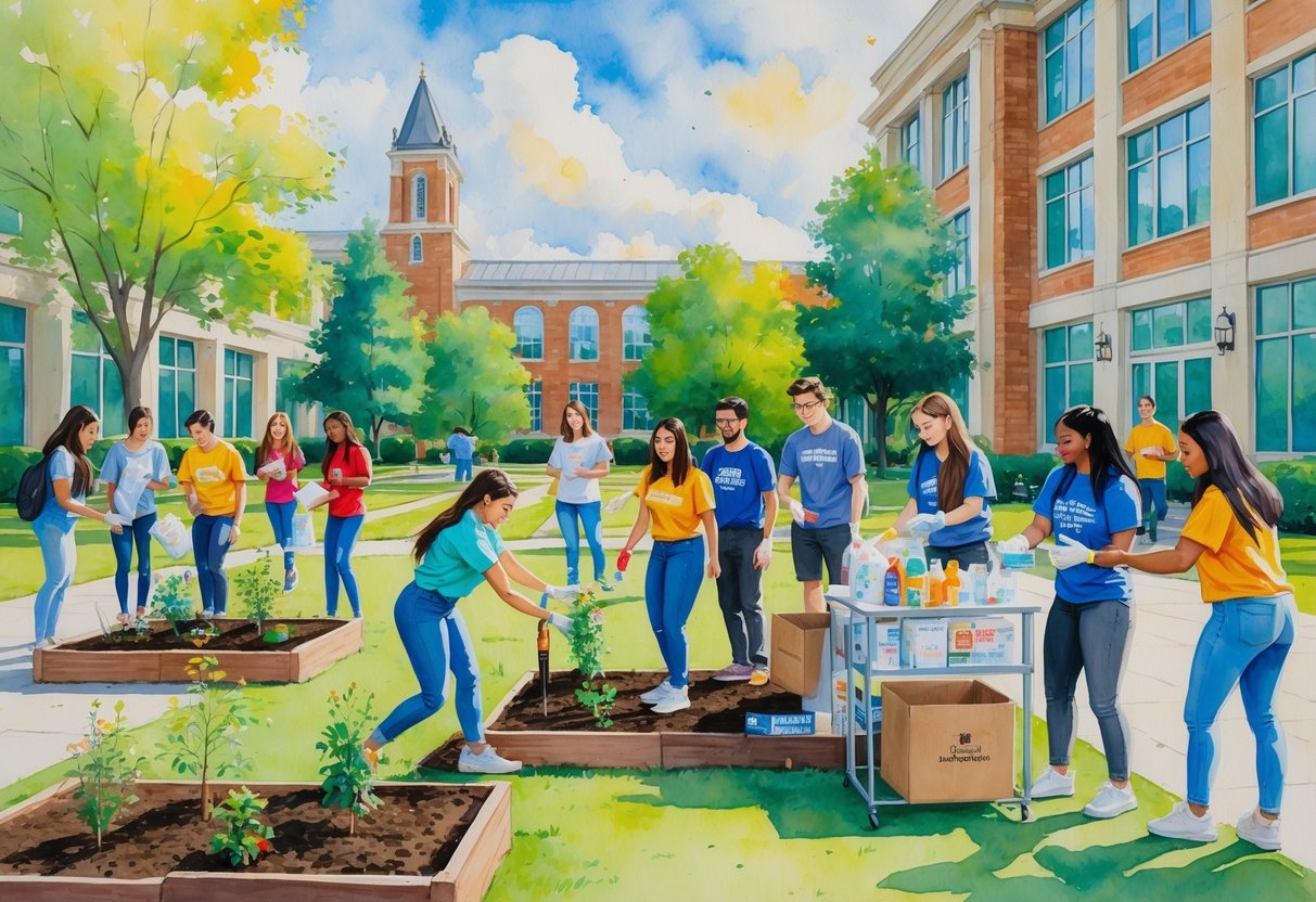 College students volunteering outdoors on campus, planting flowers, organizing donations, and handing out food.