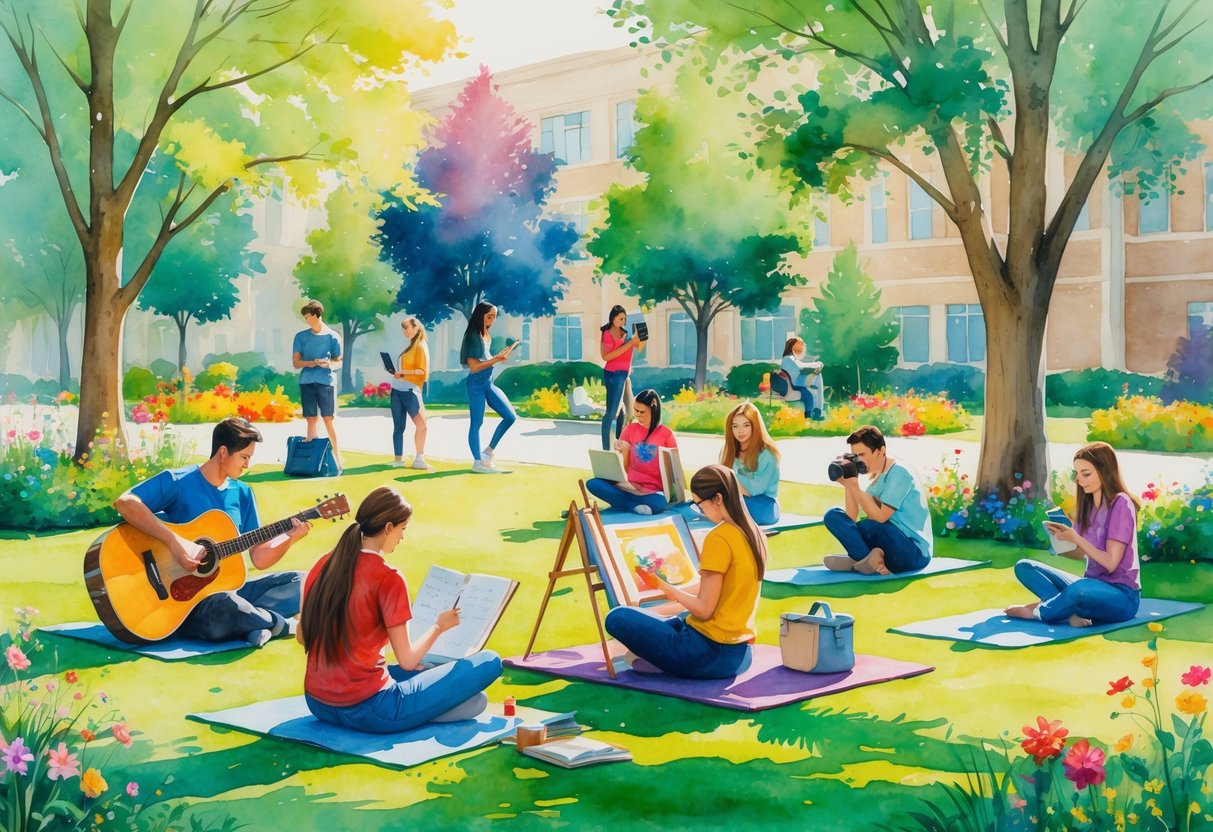 College students enjoying various hobbies outdoors on a sunny campus lawn, including playing guitar, painting, reading, yoga, photography, gardening, and writing.