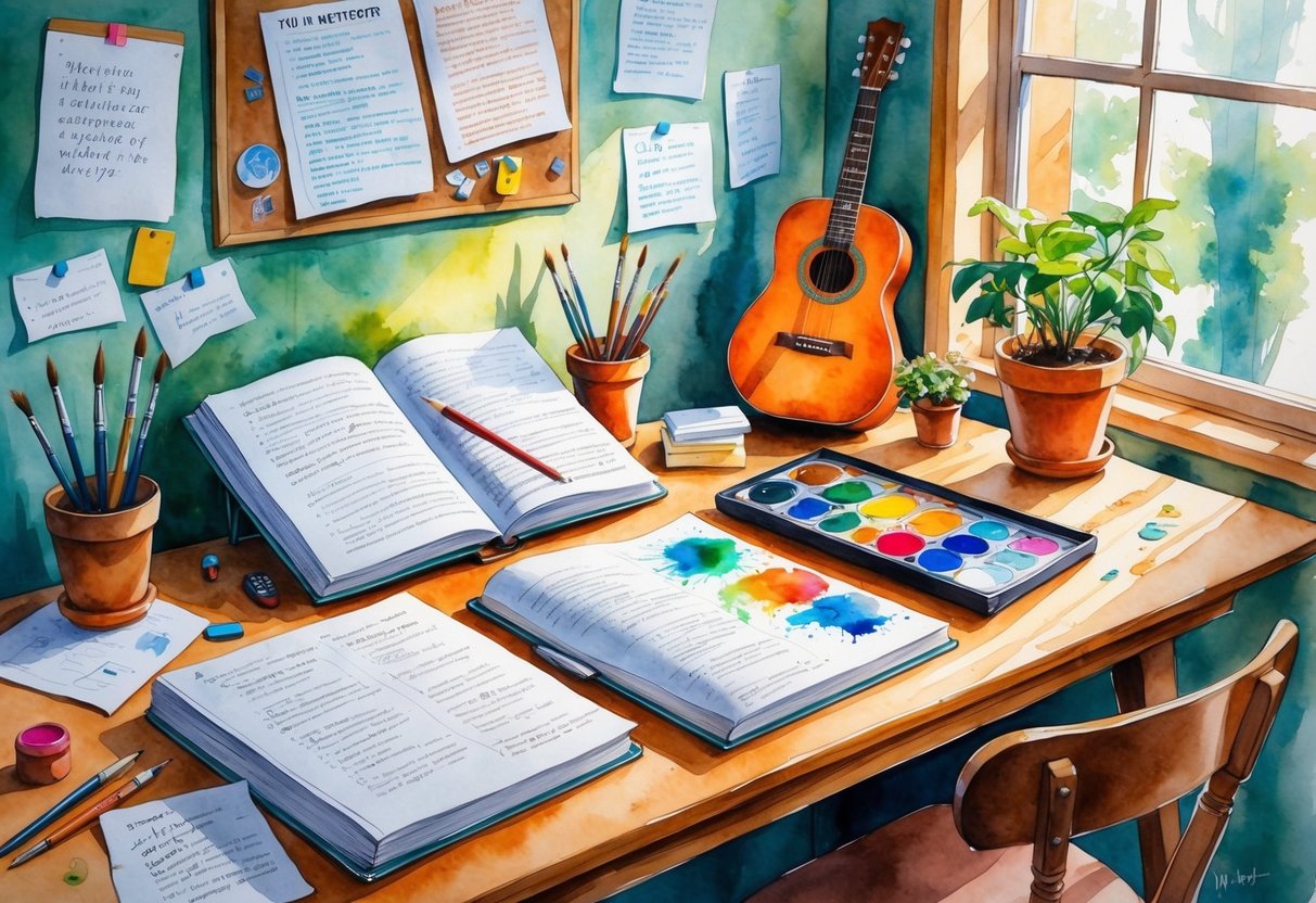 A college student's desk with an open textbook, art supplies, a guitar, and a potted plant near a window with natural light.